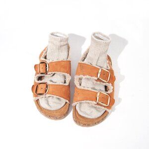 Tan Footbed Comfort Faux Teddy Fur Buckle Slide Slipper Sandals